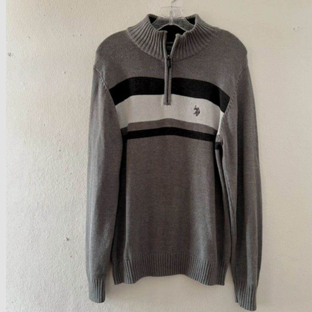 US Polo Assn Mens Long Sleeve Pullover Mock Neck Quarter-Zip Sweater Sz M Gray
